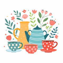 Set of colorful ceramic objects. Cute mugs, cups, plates, teapots, vase and candlestick. Retro funky kitchen decor. Bizzare clay tableware. Vector ...