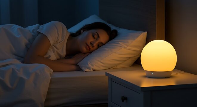Woman peacefully asleep in her bed illuminated by a bedside lamp