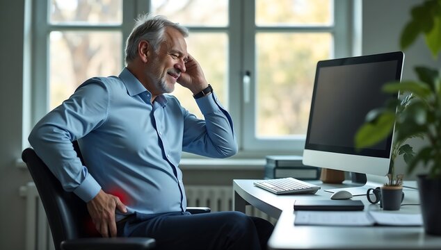 Middle-Aged Man with Back Pain in Office – Realistic Cinematic Photo of Work-Related Discomfort (Ergonomic Health Awareness)