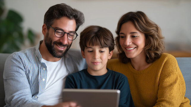 Latin family bonding on a couch with digital device