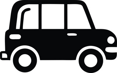 Simple black silhouette of a compact car viewed from the side showcasing its windows wheels and headlights