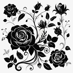 Black silhouette rose flower composition - perfect for romantic clipart, SVG wedding invites, elegant floral branding, and sophisticated botanical decor sets