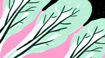 Abstract illustration of trees with light green foliage on a pink background