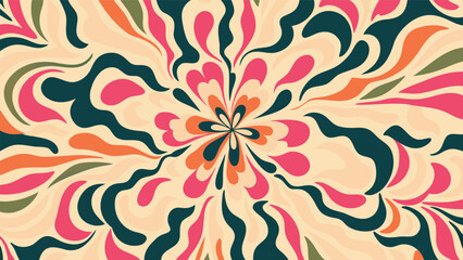 Abstract floral design with swirling shapes in pink green and orange on a cream colored background