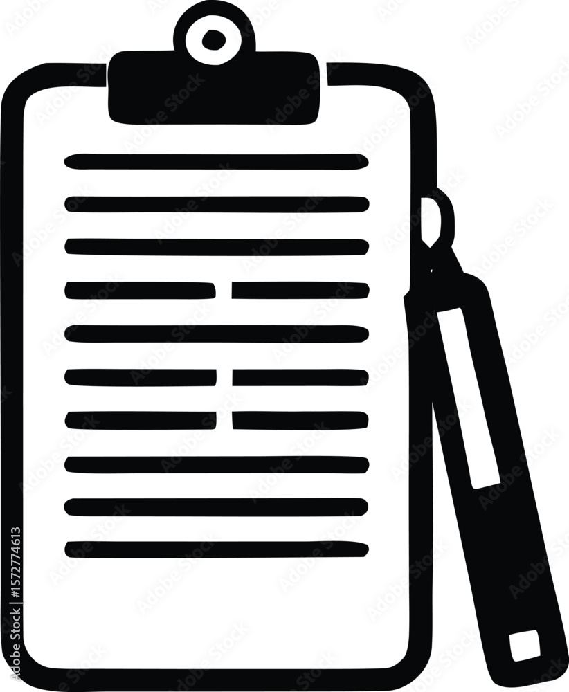 Poster a black and white drawing of a clipboard with lines of text and a pen attached by a string represent