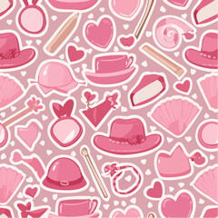 Trendy Y2K Pink Girly Sticker Pattern, Featuring Cute Cowboy Hat, Bow, Heart, Matches, Shell, and Cup, Seamless Vector Design for Coquette Style Background.