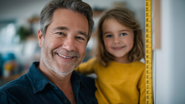 Dad Measuring Daughter's Height in Cozy Home Bonding Moment - Powered by Adobe