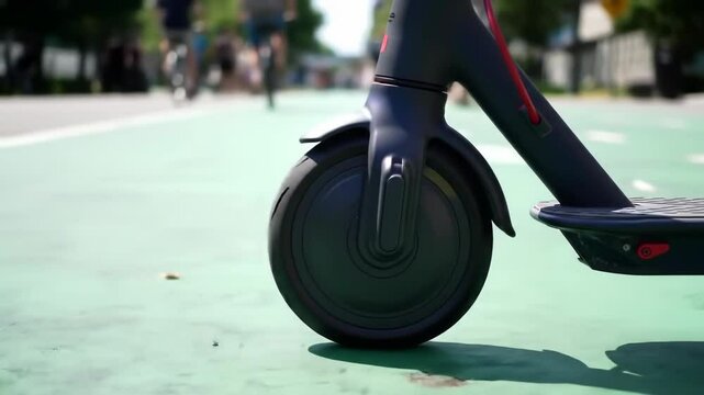 European Mobility Week. closeup shot at ground level, tracking wheels of electric scooter gliding along dedicated bike lane, passing pedestrians and cyclists. concept of sustainable transport - Powered by Adobe