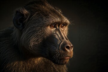 Close up portrait of a baboon with detailed fur and thoughtful expression against dark background