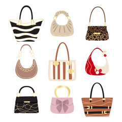 Illustration of various stylish bags on a white background.