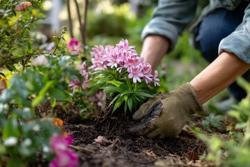 Gardener planting pink flowers in lush garden during sunny afternoon