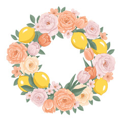 Elegant Pastel Floral and Lemon Wreath Illustration on White