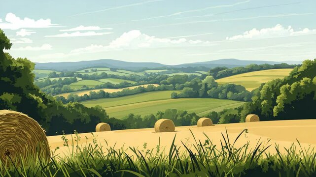 Serene rural landscape with rolling hills haystacks and lush greenery