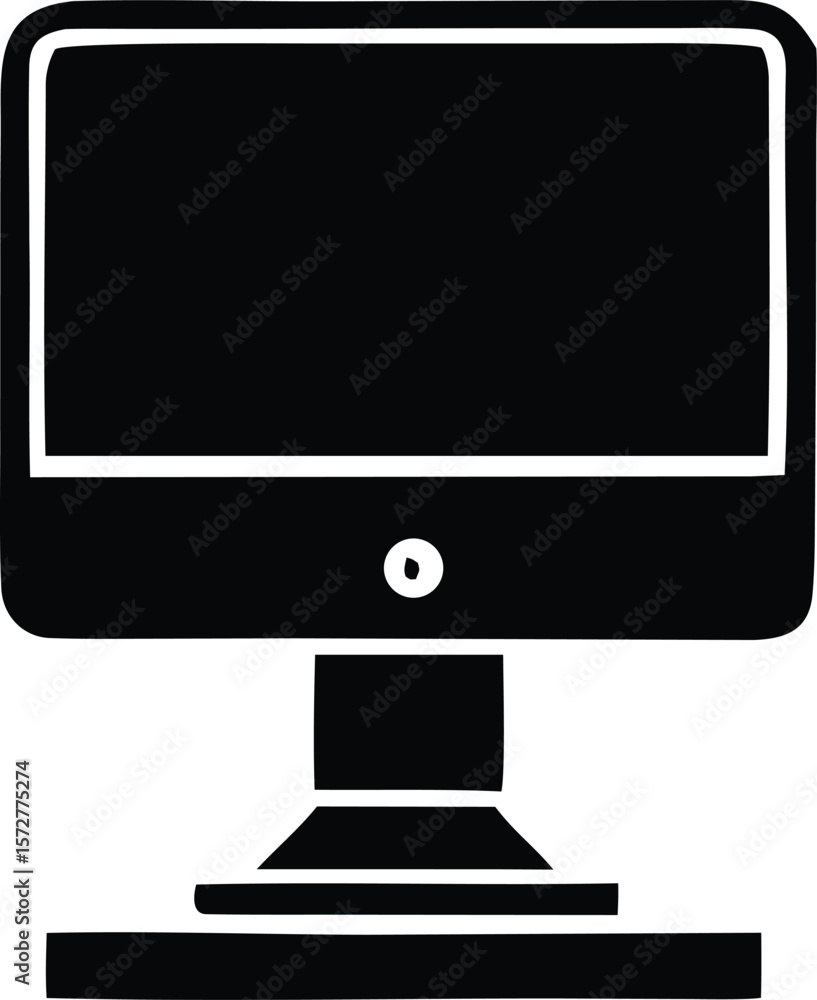 Poster simple black and white illustration of a desktop computer monitor with a stand and a circular power 