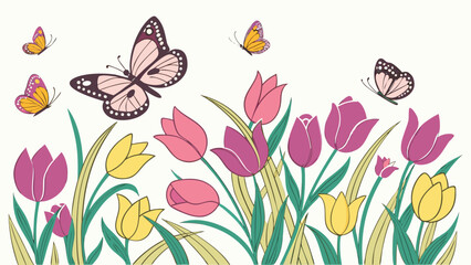  Butterfly Garden with Tulips - Spring Vector Illustration