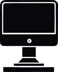Simple black and white illustration of a desktop computer monitor with a stand and a circular power button on its base