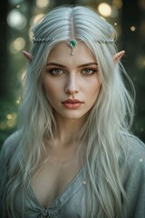Fototapeta premium Ethereal Portrait of a Woodland Elf Princess with Emerald Eyes and Silver Circlet