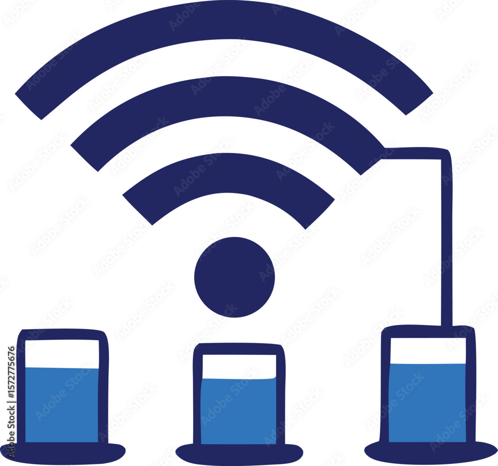 Poster Wireless network signal connecting to multiple devices with liquid level indicators showing data transfer or battery status