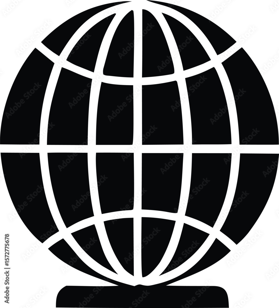 Poster a stylized black and white graphic icon representing a globe with a grid of meridians and parallels 