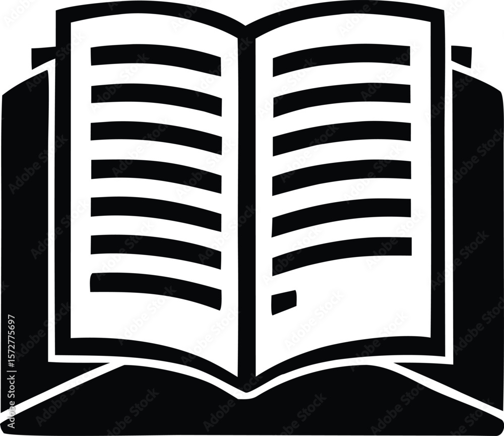 Poster stylized black and white icon of an open book with horizontal lines representing text set against a 