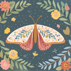 Vintage Vector Butterfly Adorned with Floral Patterns, Whimsical Folk Art of Mystical Moth Surrounded by Flowers, Leaves, and Branches, Abstract Bohemian Card Design.