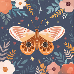 Vinage vector butterfly with floral ornament. Folk illustration of mystical moth with flowers, leaves and branches. Abstract insect boho card, poster, ...