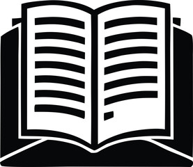 Stylized black and white icon of an open book with horizontal lines representing text set against a backdrop of stacked rectangular shapes