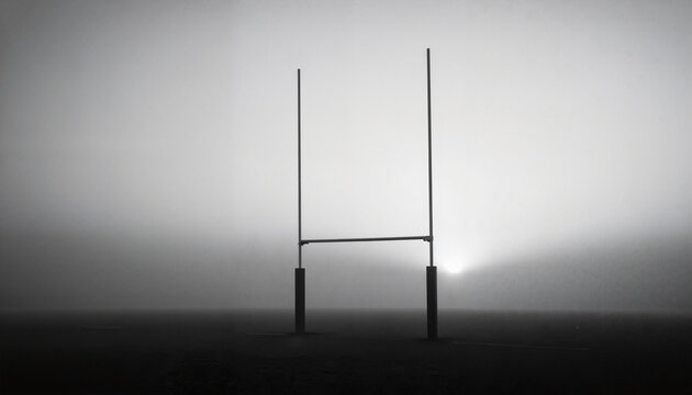 Rugby goalposts illuminated by fog in black and white  