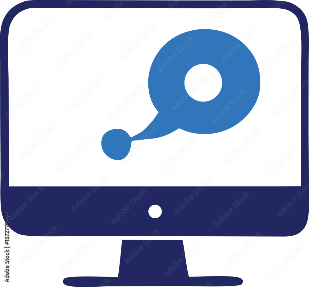 modern computer monitor displaying a blue abstract speech bubble with a connected dot symbolizing di