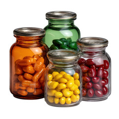 Colorful jelly beans in glass jars assortment isolated on transparent background