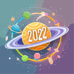 Fototapeta premium Futuristic Y2K Sticker Featuring Planet and Inspirational Text, Whimsical Saturn Doodle for Card, Poster, or Collage Design, Vector Art Illustration.