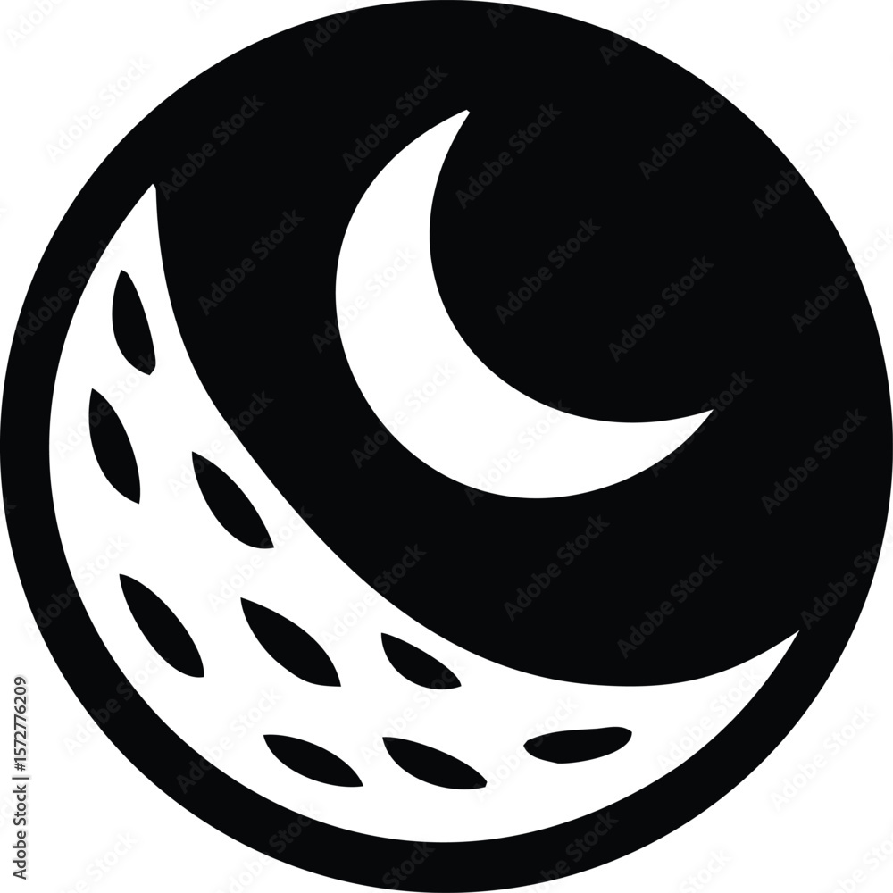 Poster abstract monochrome circular design featuring a crescent moon and a patterned curved shape represent