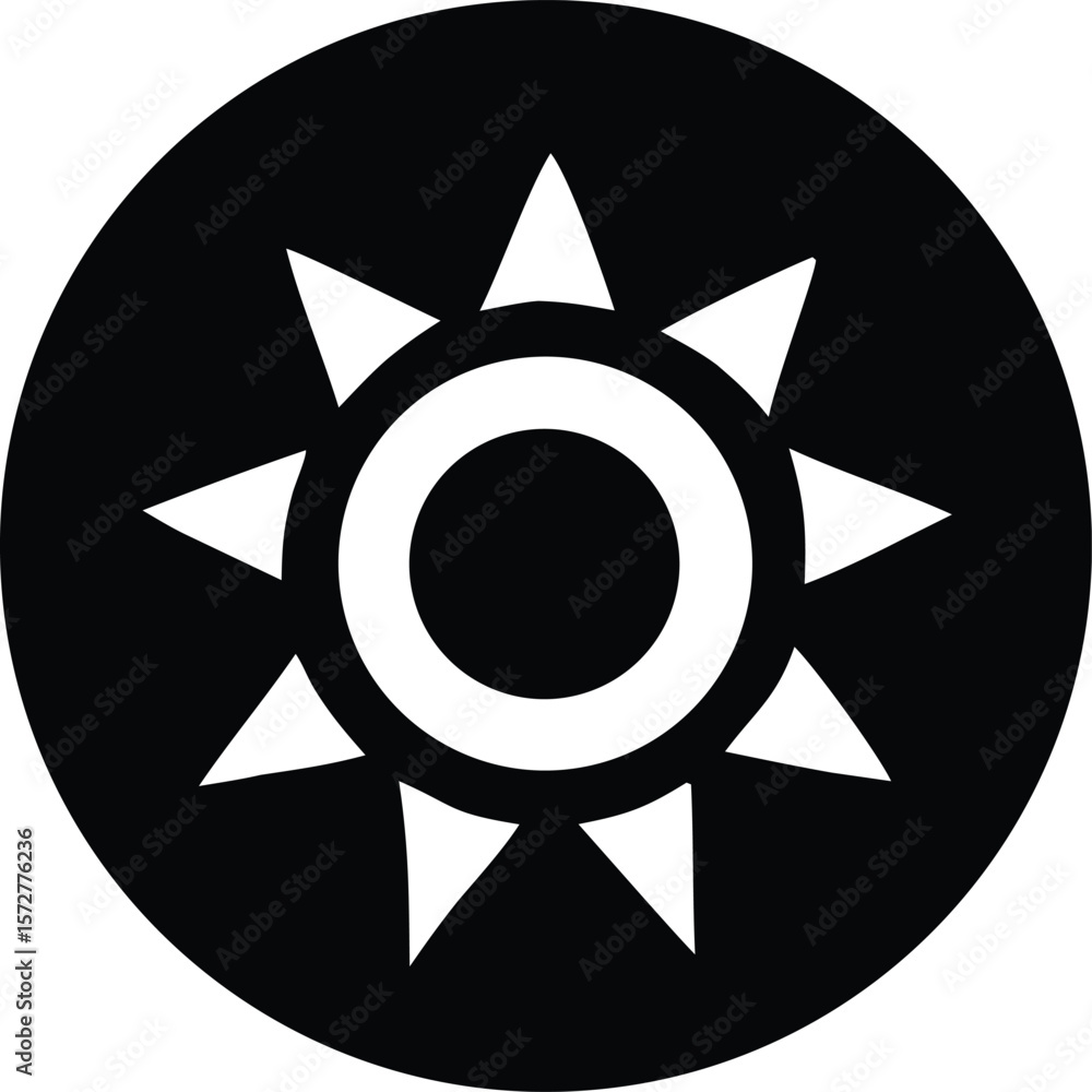 Poster stylized black and white sun icon with sharp triangular rays and concentric circles representing ene