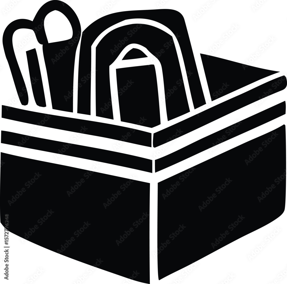 Poster stylized black and white icon of a toolbox filled with various tools emphasizing simplicity and func