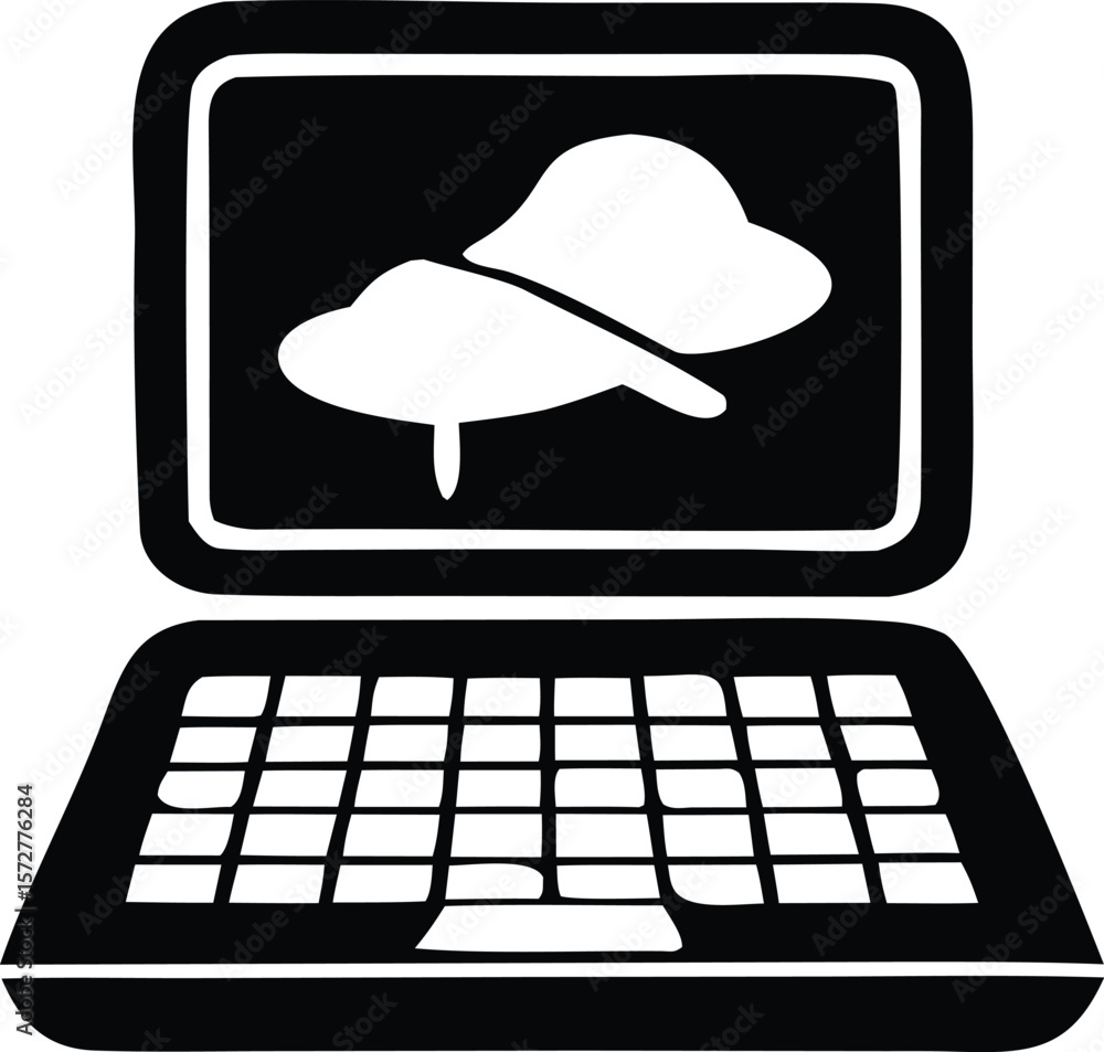 Poster stylized black and white icon of an open laptop displaying two white clouds on its screen representi