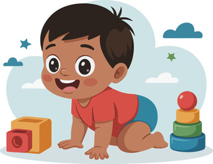 A curious baby crawling toward colorful toys, transparent png vector