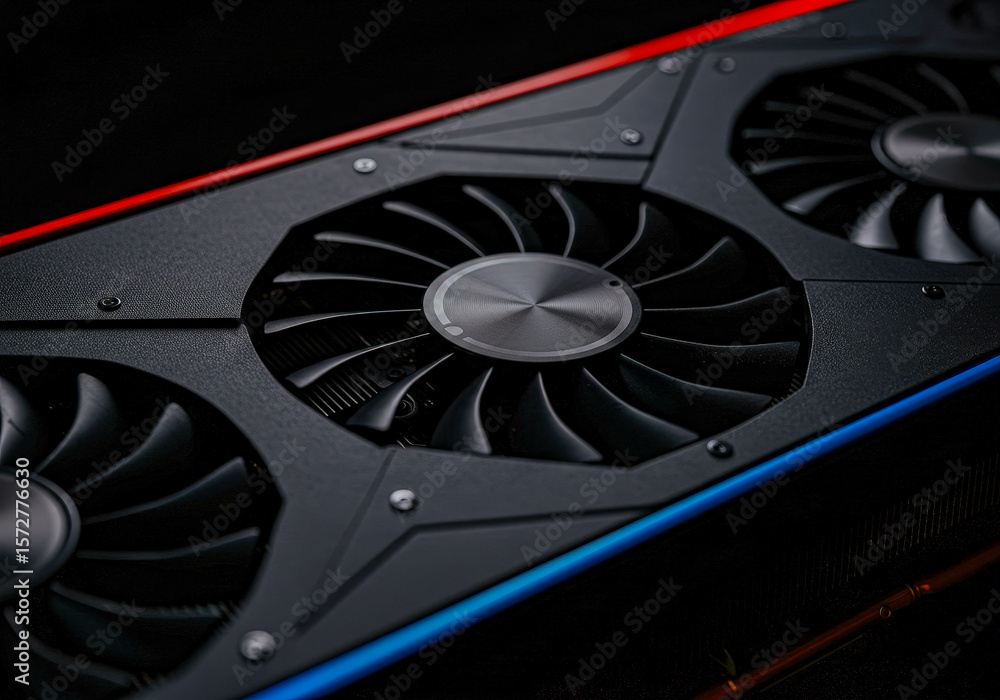 Poster modern graphic processor unit with cooling fans and colorful led lighting on dark background for gam