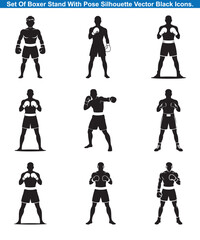 Set of Boxer Poses with Boxing Gloves Silhouette Vector Black Icons. 