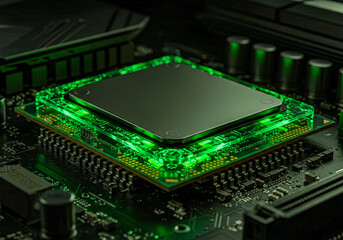 Central processing unit module on a motherboard, concept of modern technology and high-tech computer part
