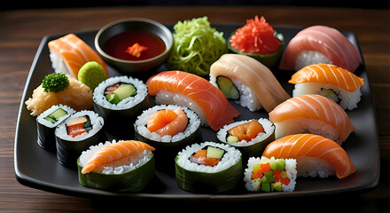Delicious Sushi Platter Salmon, Tuna, and Vegetable Rolls