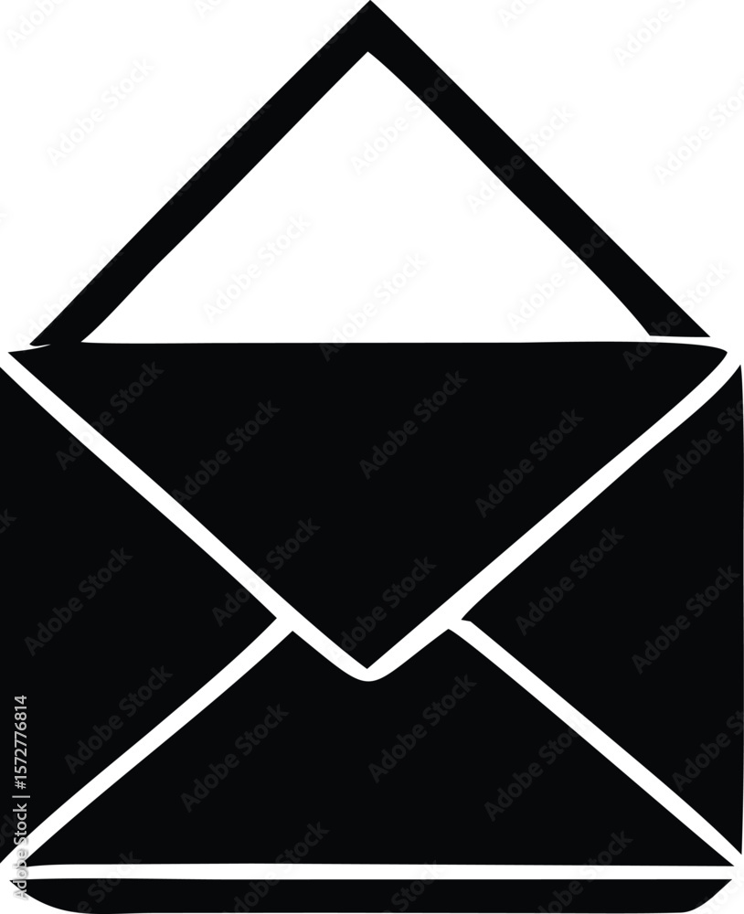 Poster simple black silhouette of an open envelope with a triangular flap representing communication and ma
