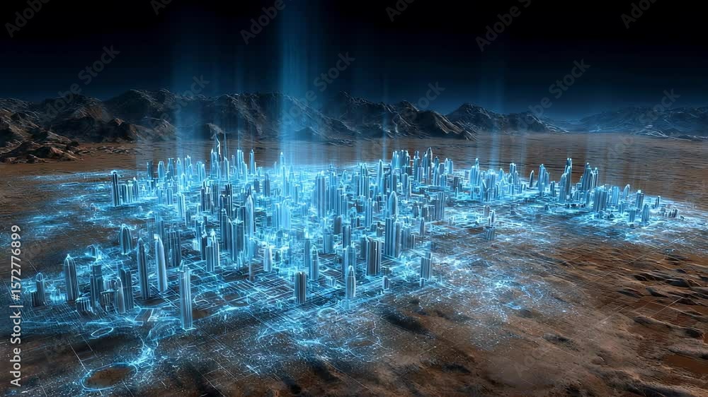 Poster luminous digital cityscape emerges in a desert setting, showcasing futuristic architecture and techn