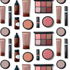 Seamless pattern of makeup beauty cosmetic elements. Mascara, cream bottle and brush on white background.