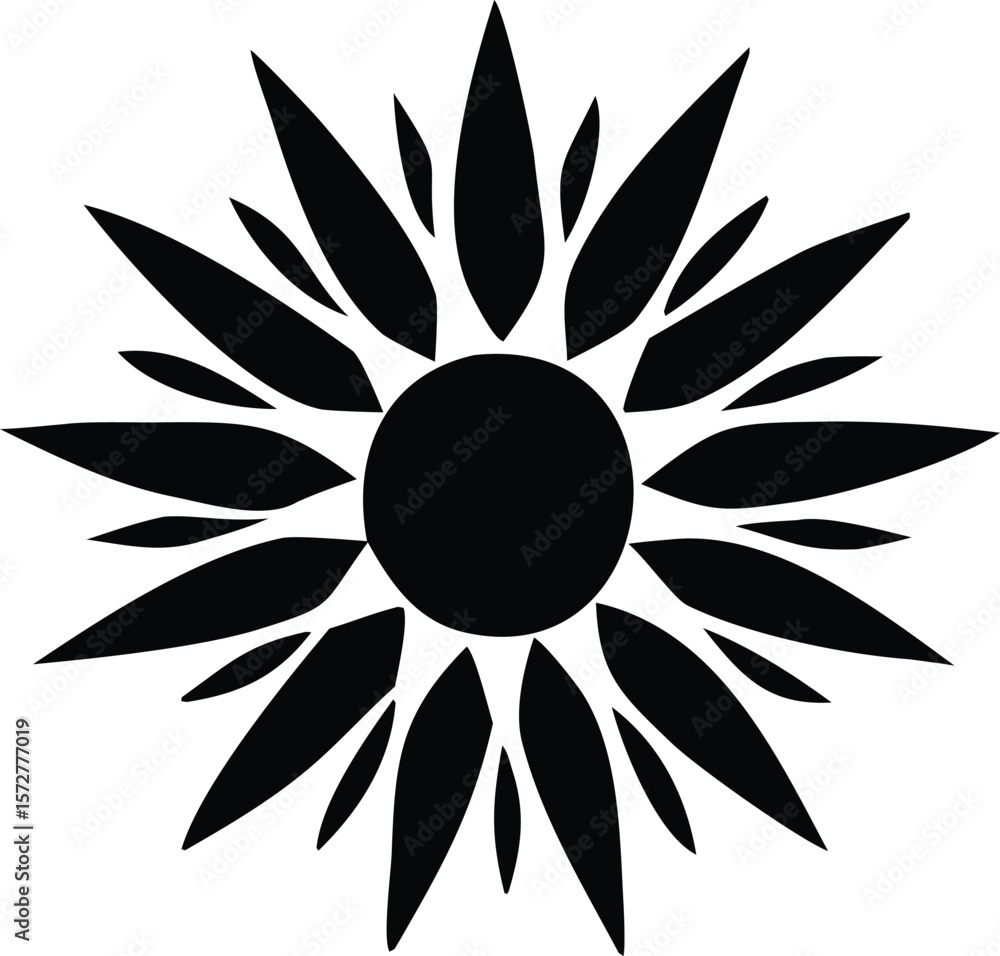 Poster abstract black sunburst design with a central circle and layered petal like rays on a white backgrou