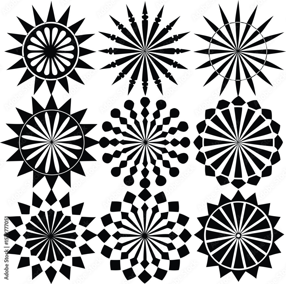 Aufkleber collection of nine distinct black and white geometric circular starburst mandala patterns arranged i