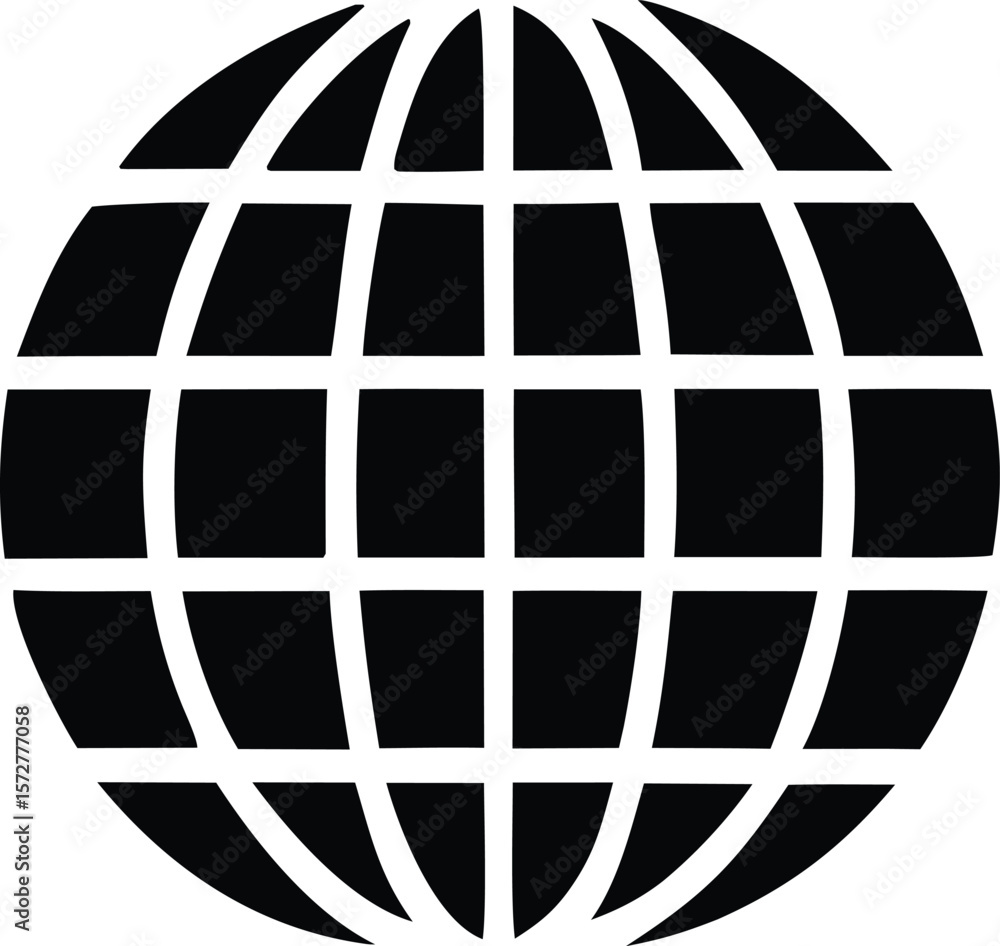 Poster a stylized black and white graphic representation of a globe with a grid pattern of intersecting lin