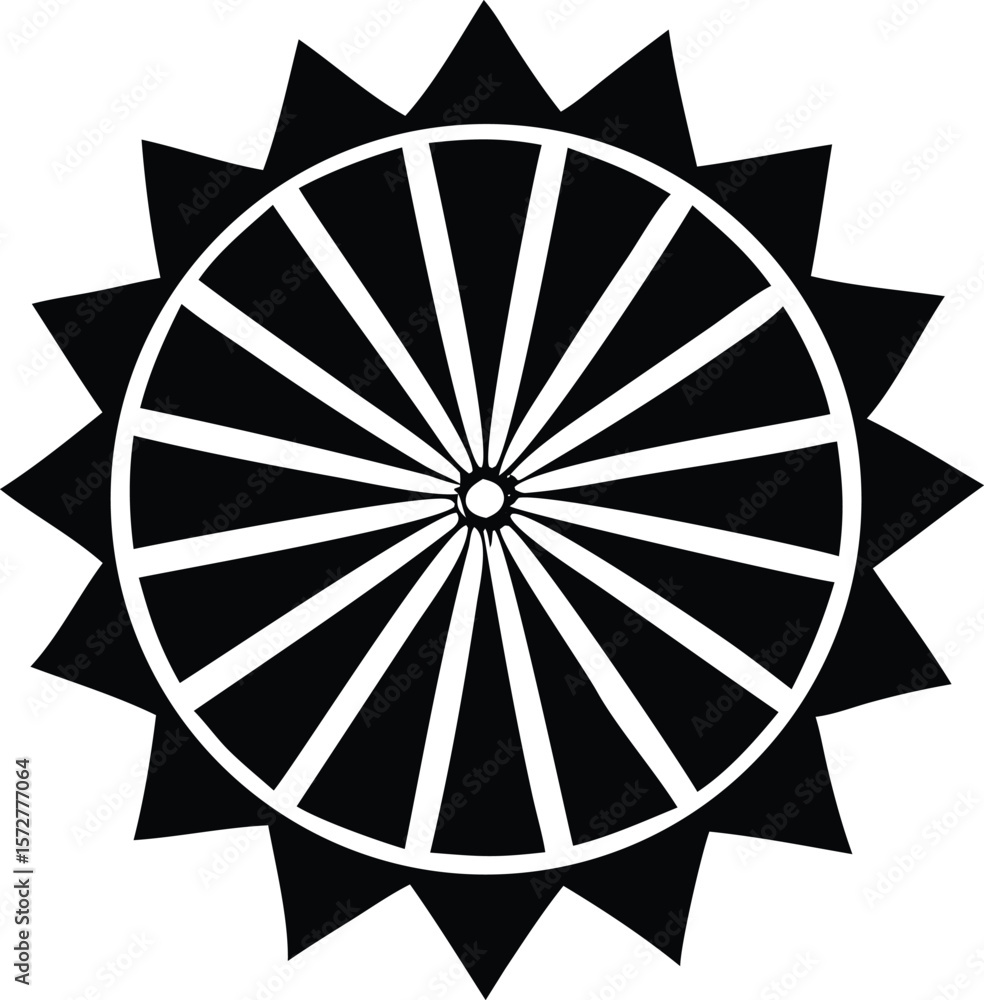 Poster abstract geometric black and white circular design with sharp pointed rays emanating outwards from a