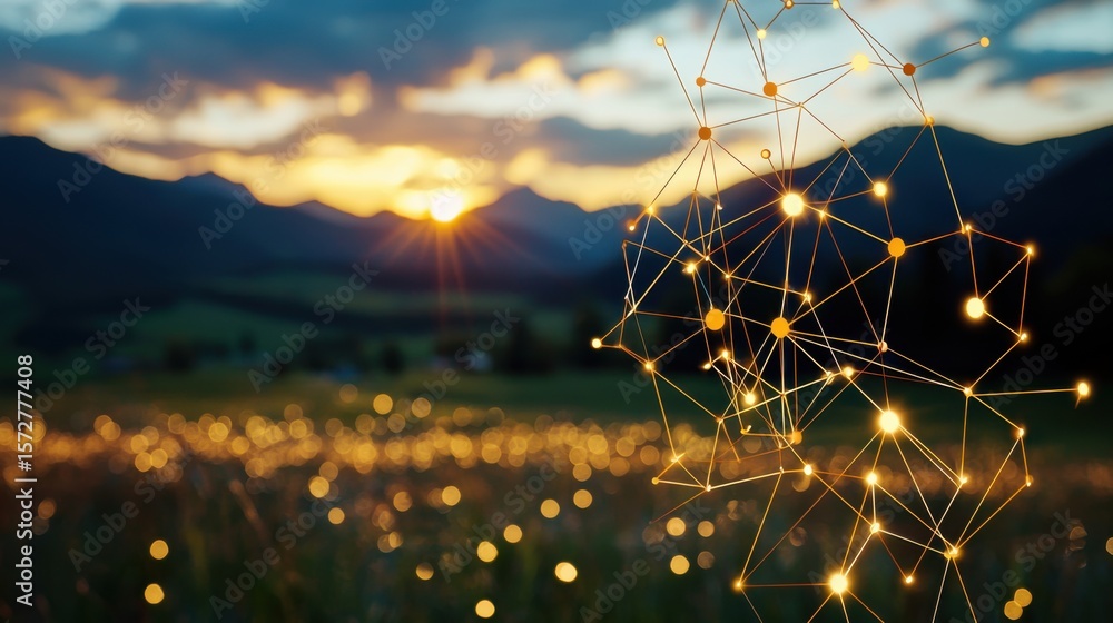 Poster an abstract social media representation glows over a landscape, creating a post of light and connect