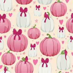 Seamless vector pattern with cute coquette pumpkins with burgundy bows. Pink halloween symbols on background. Autumn vegetables texture for wallpaper, ...