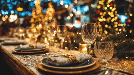 Elegant table set with multiple place settings, white plates, silverware, and glassware in bright dining room.